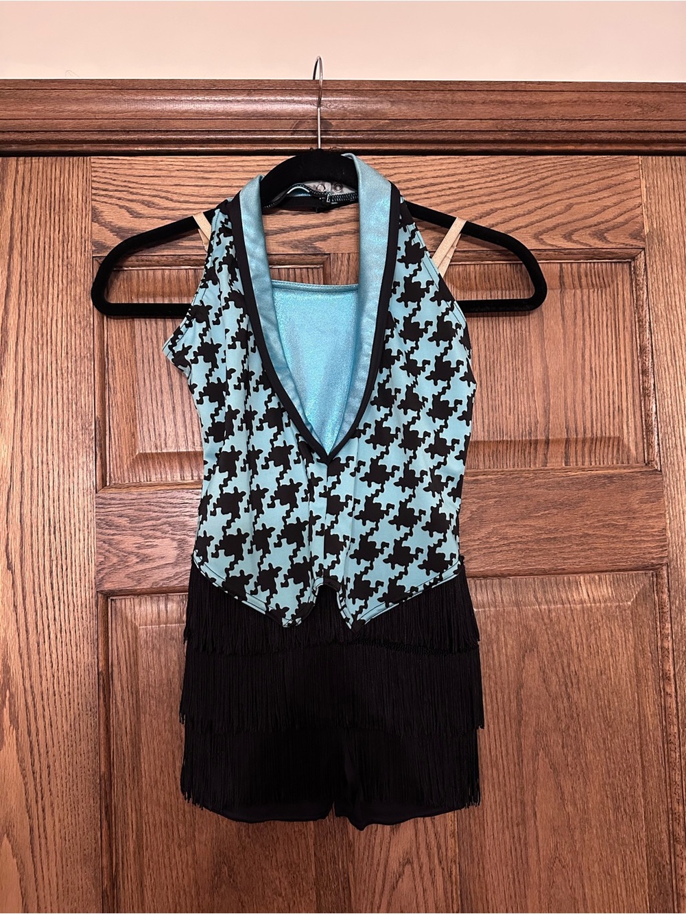 Kids Aqua Houndstooth Halter One-Piece with Black Fringe